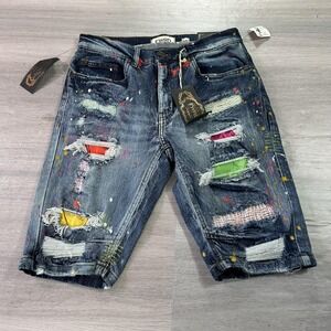 NEW FWRD Denim Shorts Mens 30 Blue Slim Fit Distressed Patchwork Paint Splatter